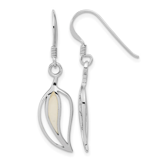 Sterling Silver Rhodium-plated Polished MOP Leaf Shepherds Hook Earrings