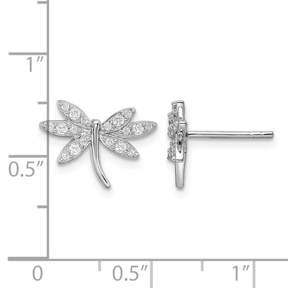 Sterling Silver Rhodium-plated CZ Dragonfly Post Earrings