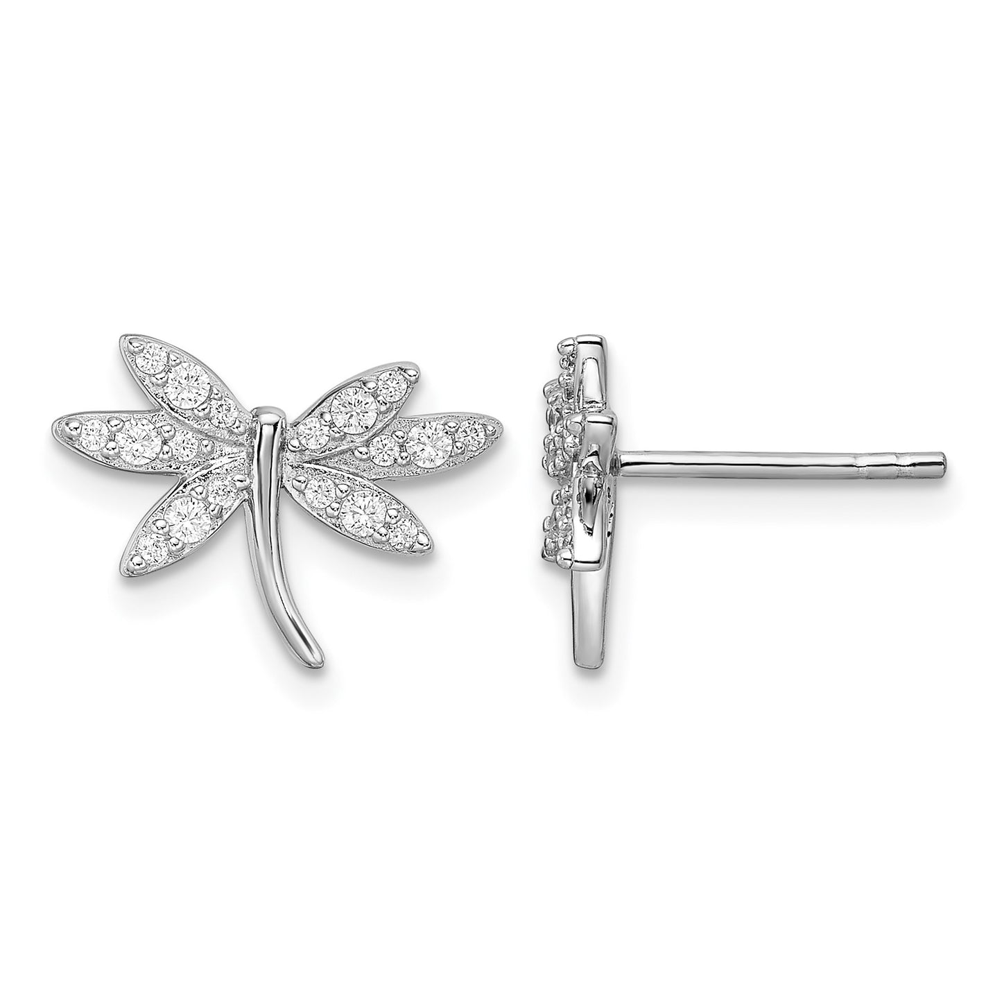 Sterling Silver Rhodium-plated CZ Dragonfly Post Earrings