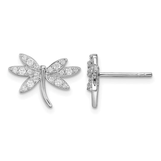 Sterling Silver Rhodium-plated CZ Dragonfly Post Earrings