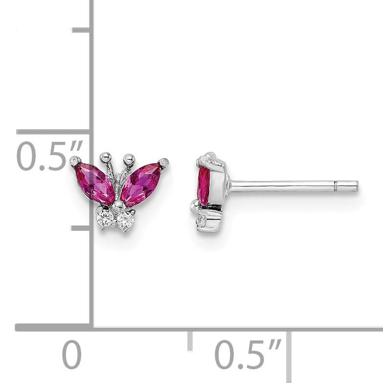 Sterling Silver Rhodium-plated Red & White CZ Butterfly Post Earrings