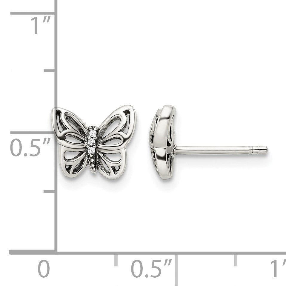 Sterling Silver Antiqued CZ Butterfly Post Earrings
