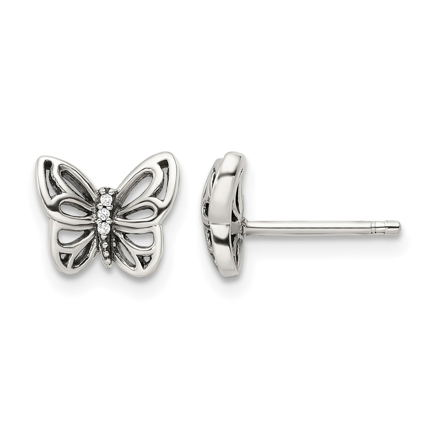 Sterling Silver Antiqued CZ Butterfly Post Earrings