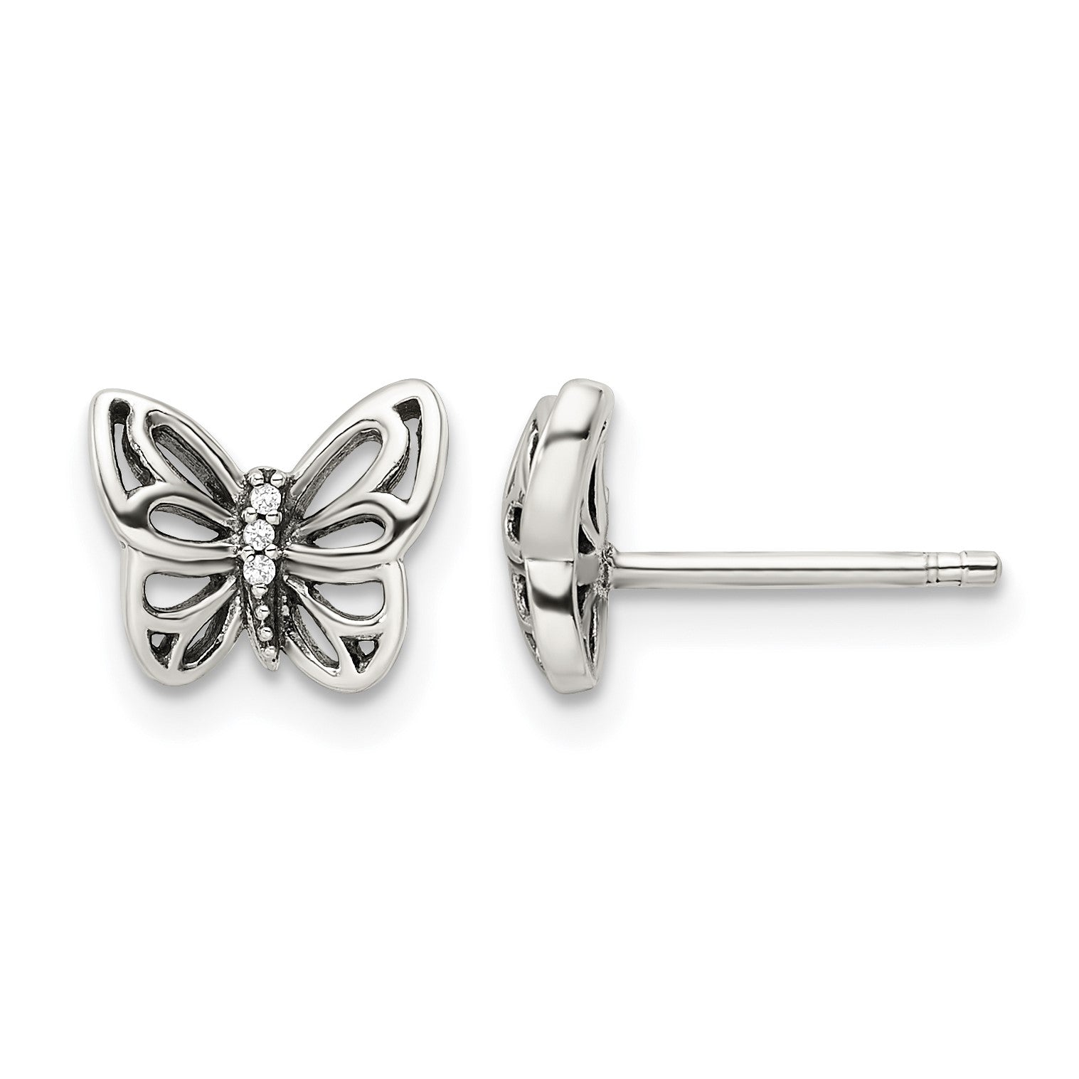 Sterling Silver Antiqued CZ Butterfly Post Earrings