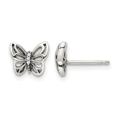 Sterling Silver Antiqued CZ Butterfly Post Earrings