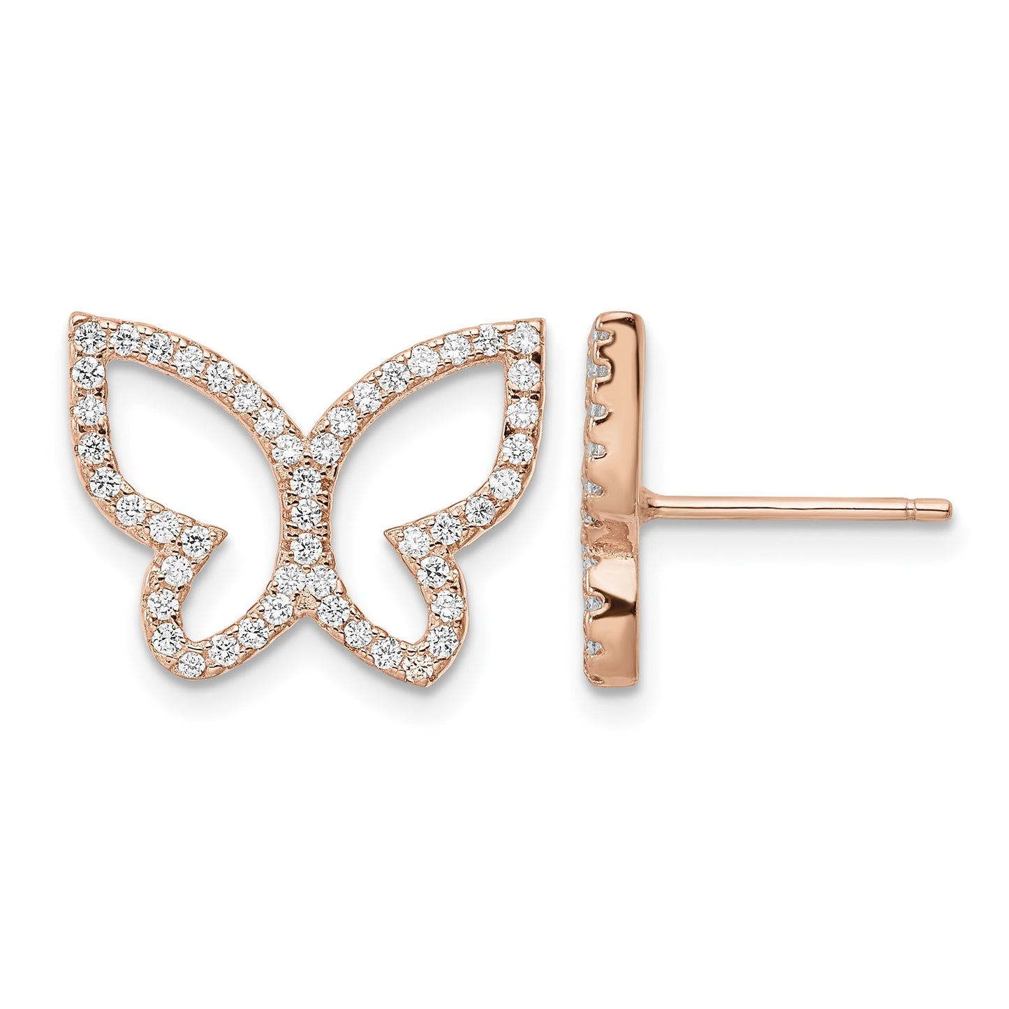 Sterling Silver Rose-tone CZ Open Butterfly Post Earrings