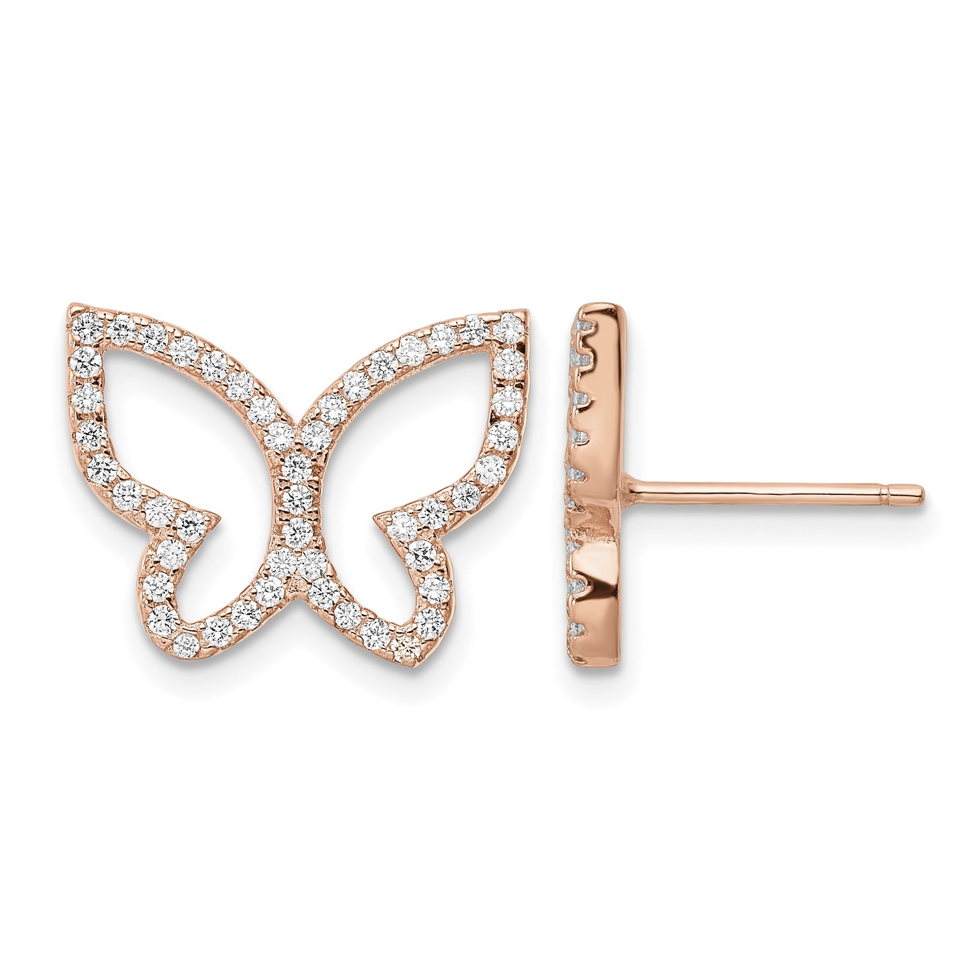 Sterling Silver Rose-tone CZ Open Butterfly Post Earrings