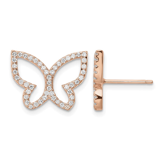 Sterling Silver Rose-tone CZ Open Butterfly Post Earrings