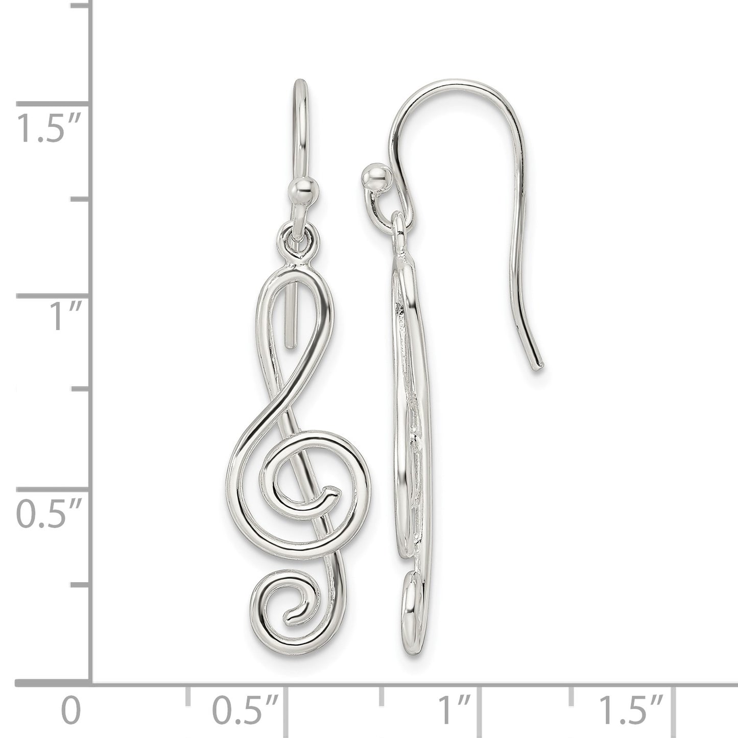 Sterling Silver Polished Treble Clef Dangle Shepherd Hook Earrings