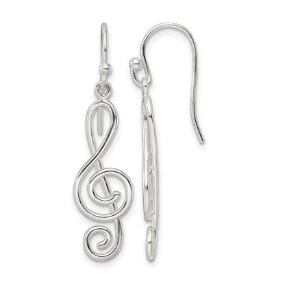 Sterling Silver Polished Treble Clef Dangle Shepherd Hook Earrings