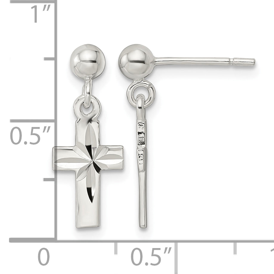 Sterling Silver Polished and D/C Latin Cross Post Dangle Earrings