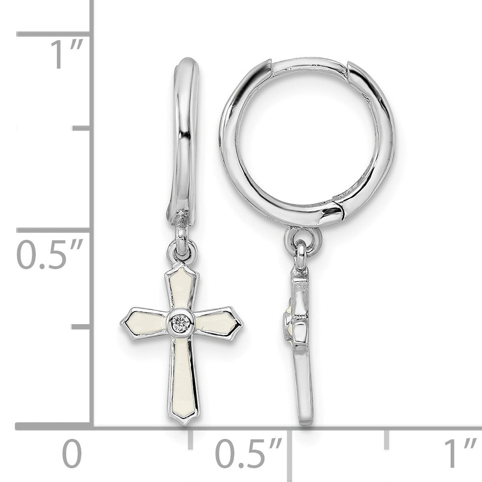 Sterling Silver Rhodium-plated Polished CZ & White Enamel Passion Cross Dangle Round Hoop Earrings