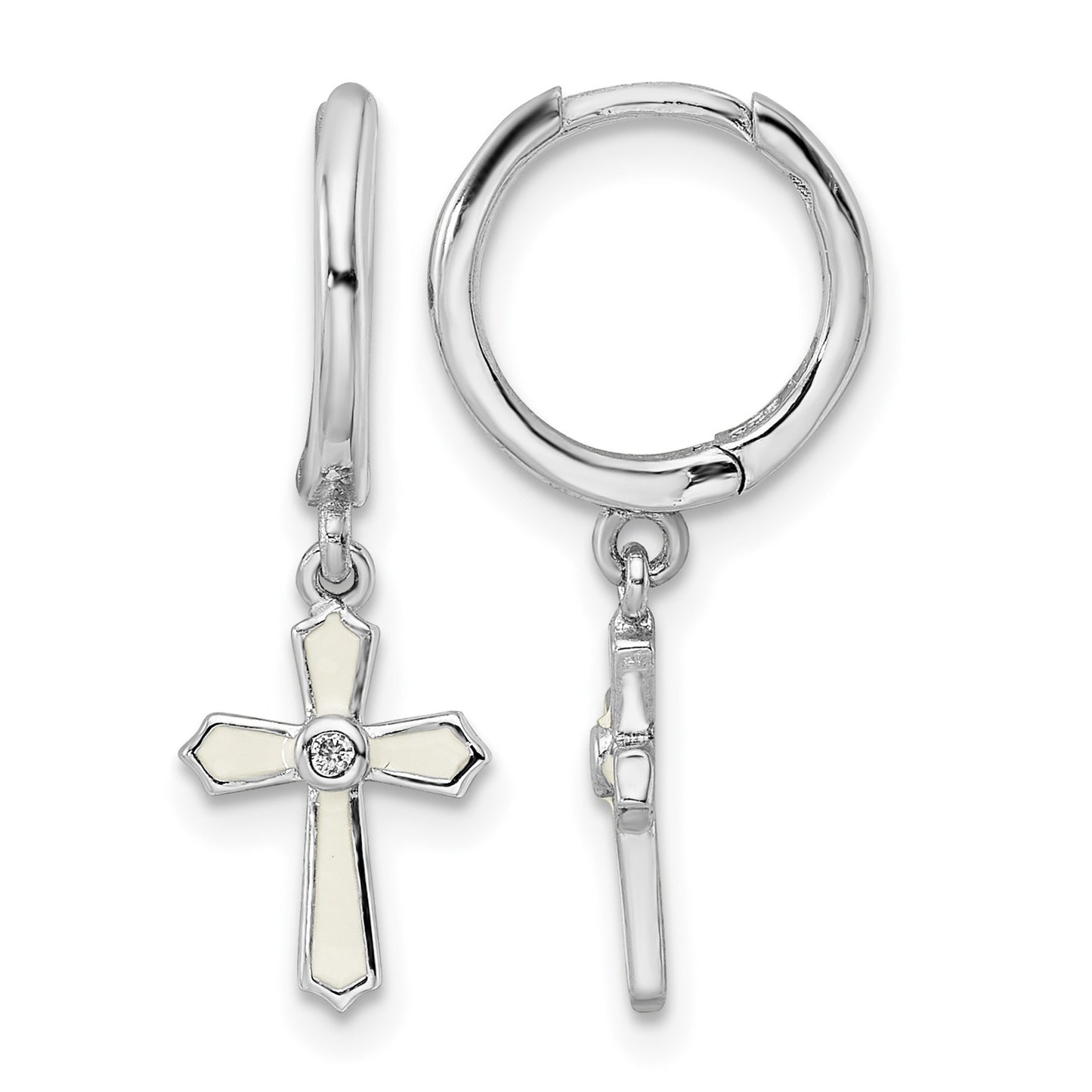 Sterling Silver Rhodium-plated Polished CZ & White Enamel Passion Cross Dangle Round Hoop Earrings