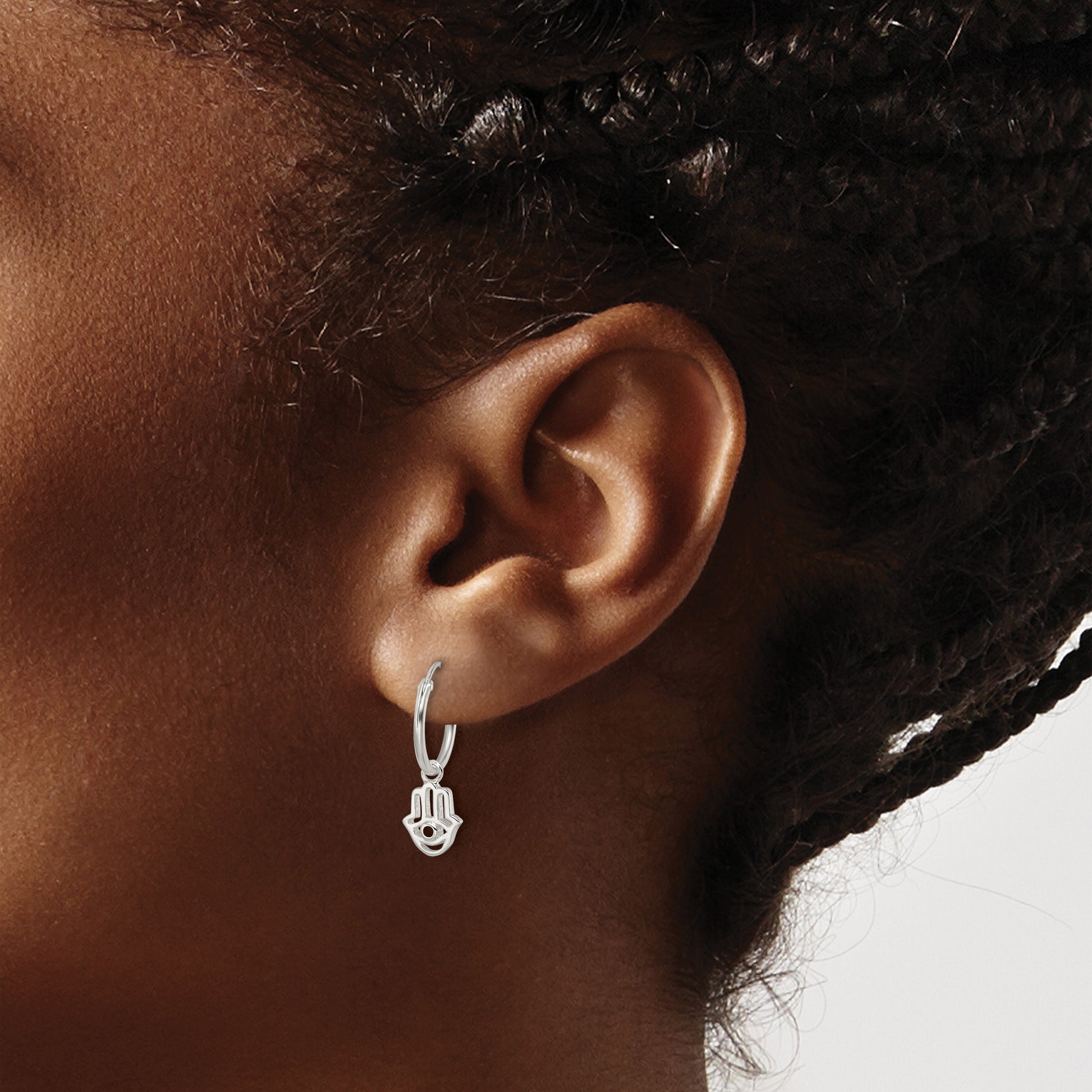 Sterling Silver Polished CZ Hamsa Dangle Endless Round Hoop Earrings