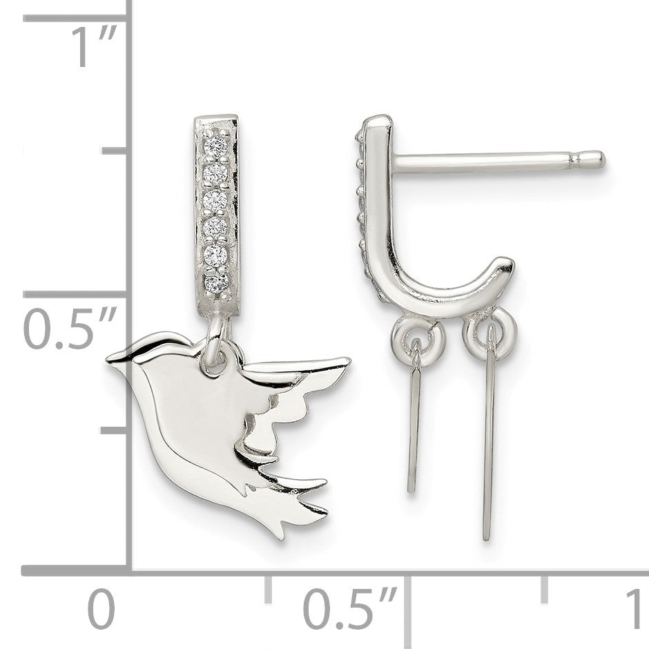 Sterling Silver Polished CZ Two Doves J-Hoop Post Earrings