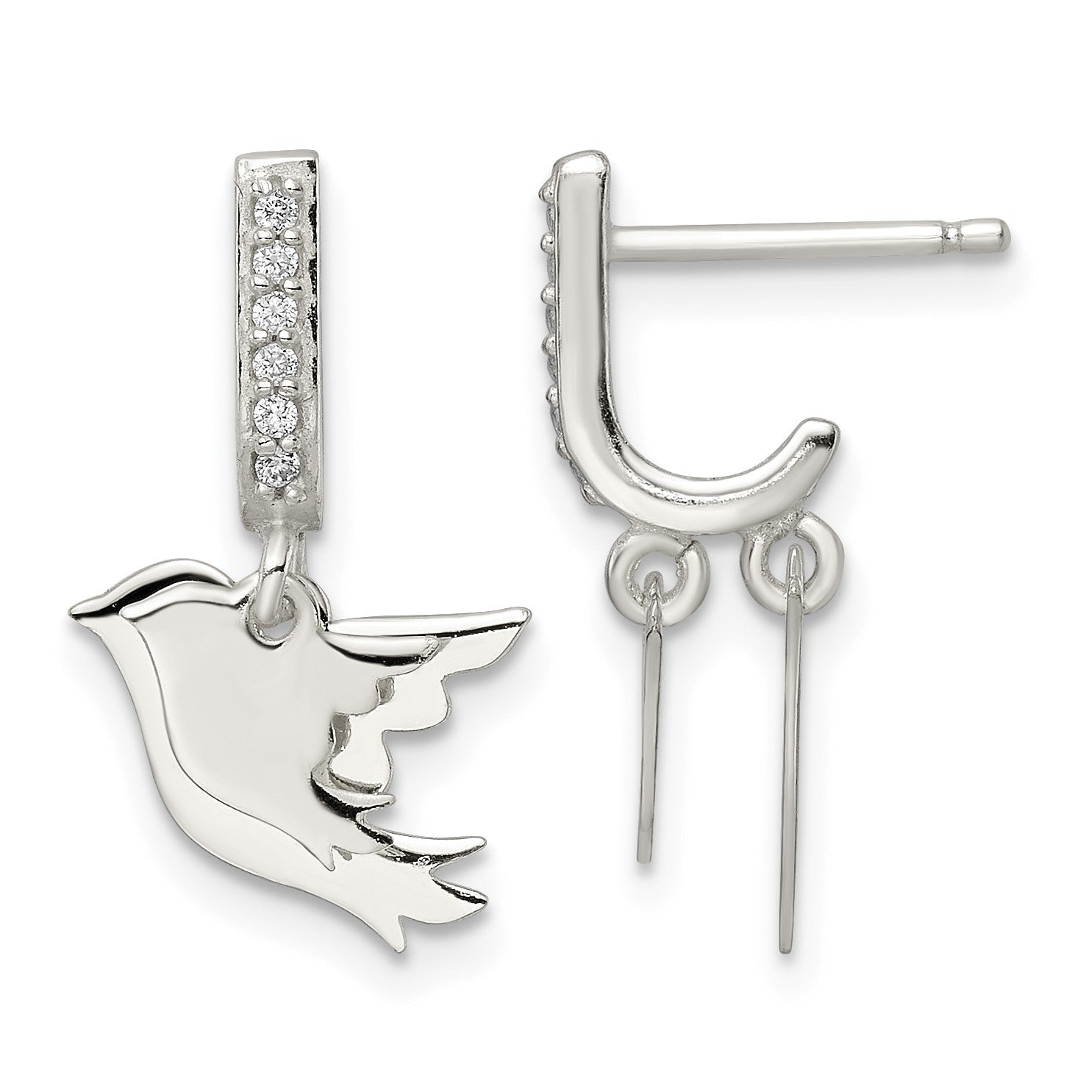 Sterling Silver Polished CZ Two Doves J-Hoop Post Earrings