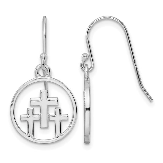 Sterling Silver RH-plated Polished 3 Crosses in Circle Dangle Earrings