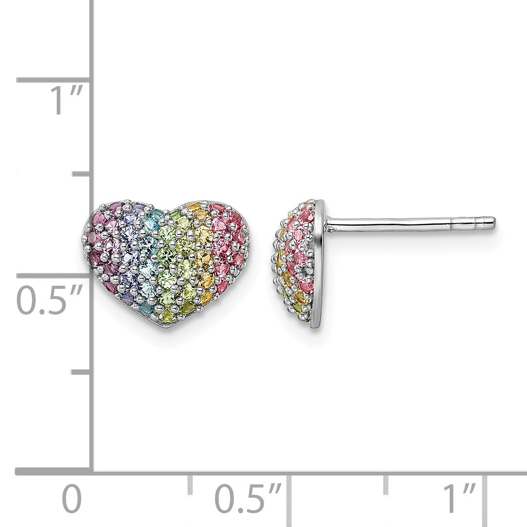 Sterling Silver Rhodium-plated Rainbow Crystal Heart Post Earrings