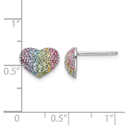 Sterling Silver Rhodium-plated Rainbow Crystal Heart Post Earrings