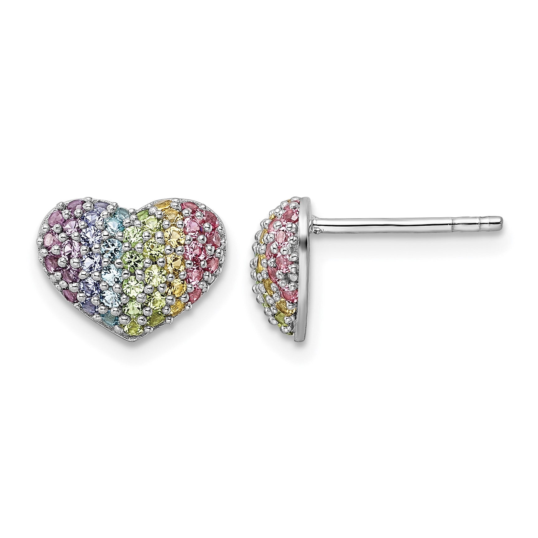 Sterling Silver Rhodium-plated Rainbow Crystal Heart Post Earrings