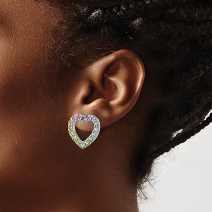 Sterling Silver RH-plated Rainbow Crystal Open Heart Post Earrings