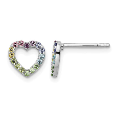 Sterling Silver RH-plated Rainbow Crystal Open Heart Post Earrings