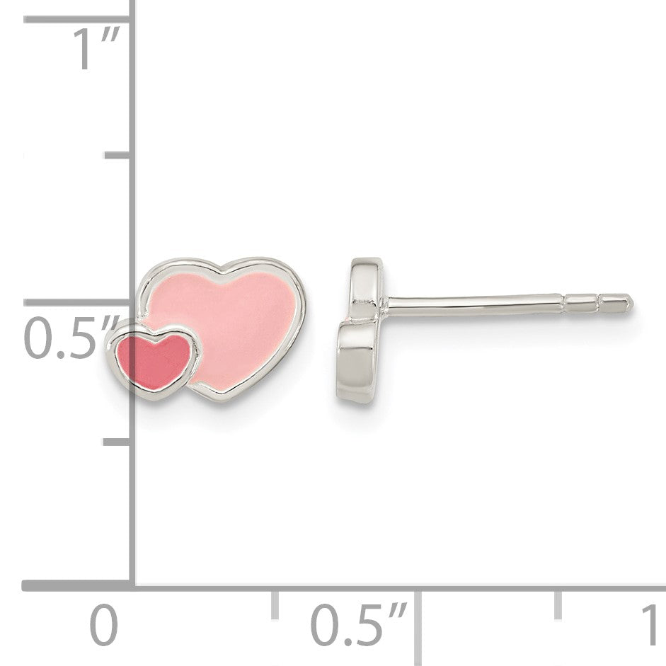 Sterling Silver Rhodium-plated Pink Enamel Double Heart Post Earrings