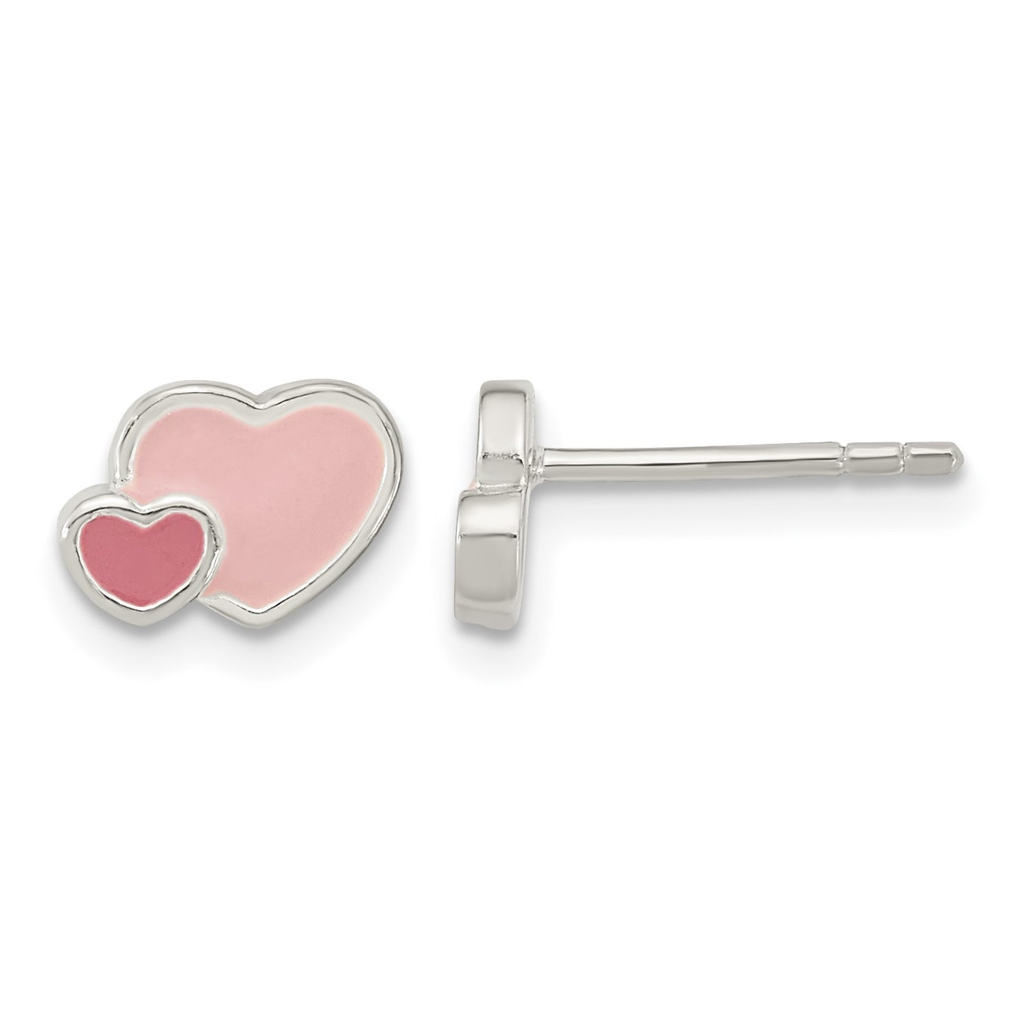 Sterling Silver Rhodium-plated Pink Enamel Double Heart Post Earrings
