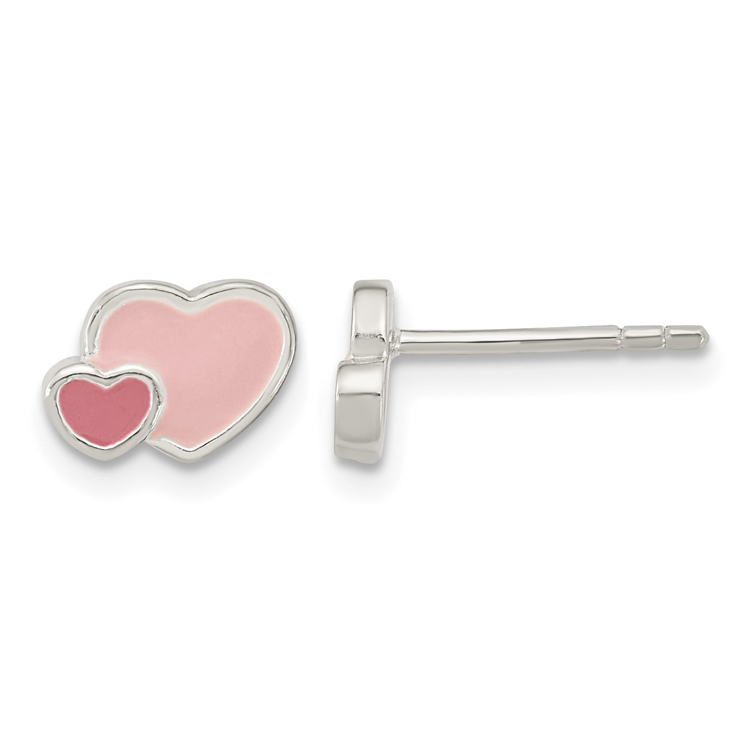 Sterling Silver Rhodium-plated Pink Enamel Double Heart Post Earrings