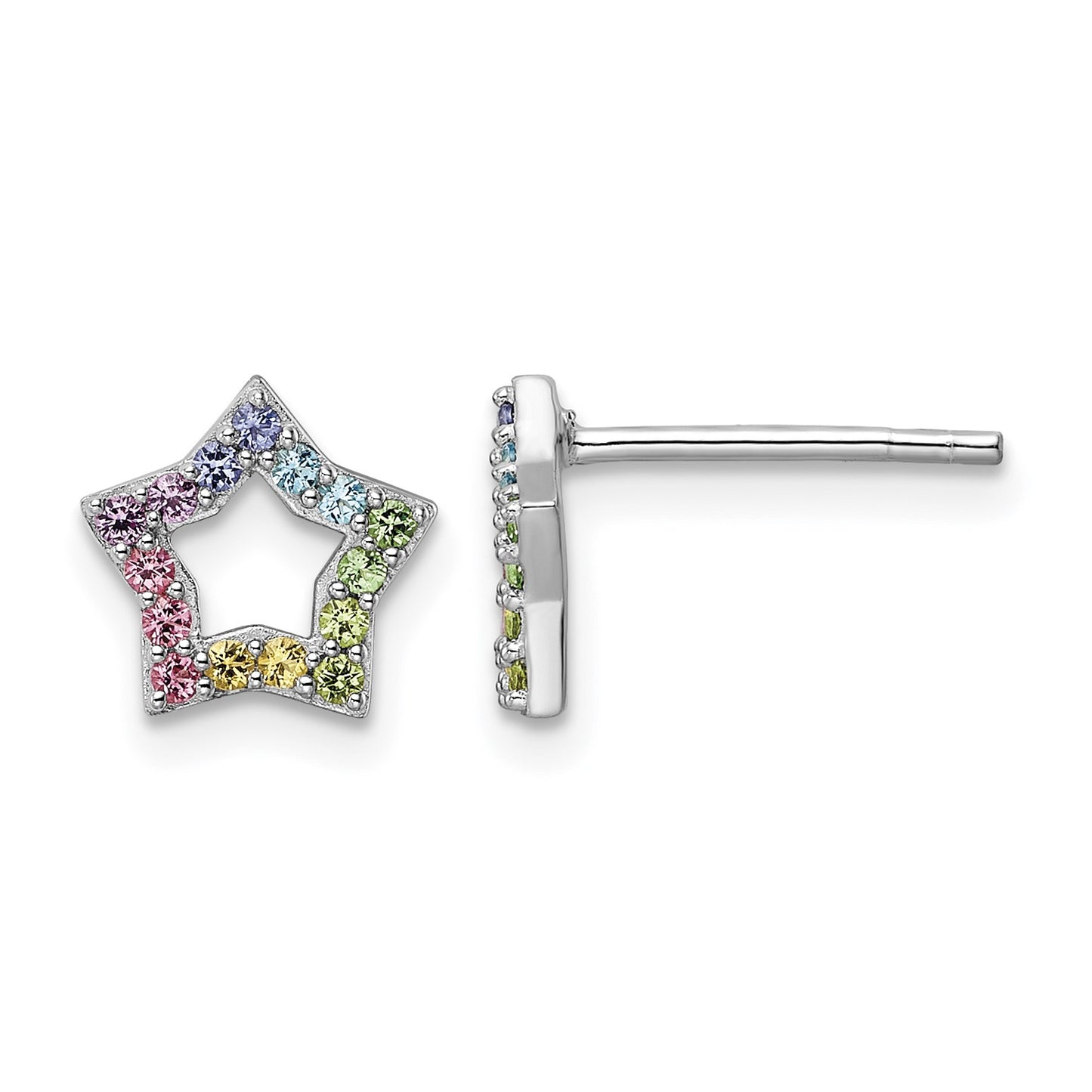 Sterling Silver Rhodium-plated Rainbow Crystal Star Post Earrings