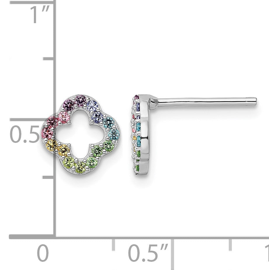 Sterling Silver Rhodium-plated Rainbow Crystal Clover Post Earrings
