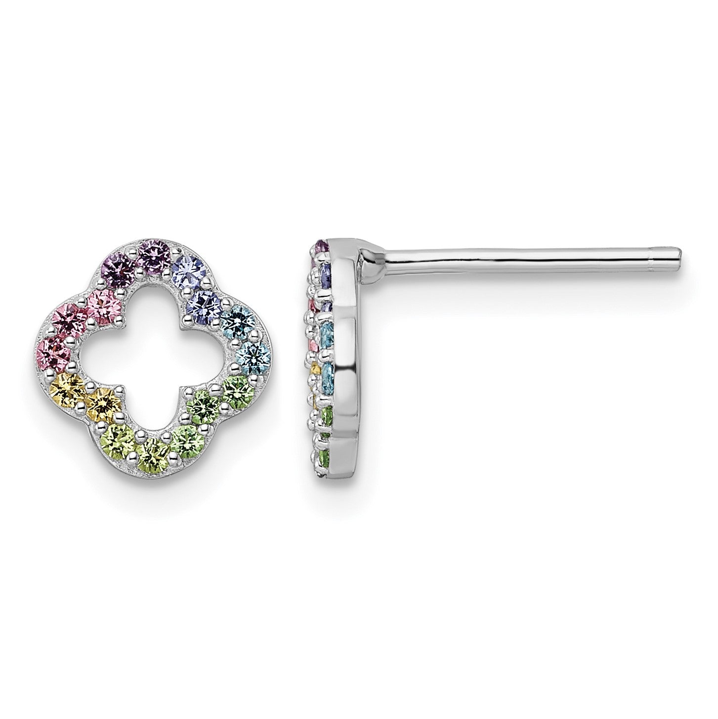 Sterling Silver Rhodium-plated Rainbow Crystal Clover Post Earrings