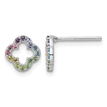 Sterling Silver Rhodium-plated Rainbow Crystal Clover Post Earrings