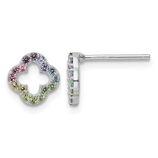Sterling Silver Rhodium-plated Rainbow Crystal Clover Post Earrings