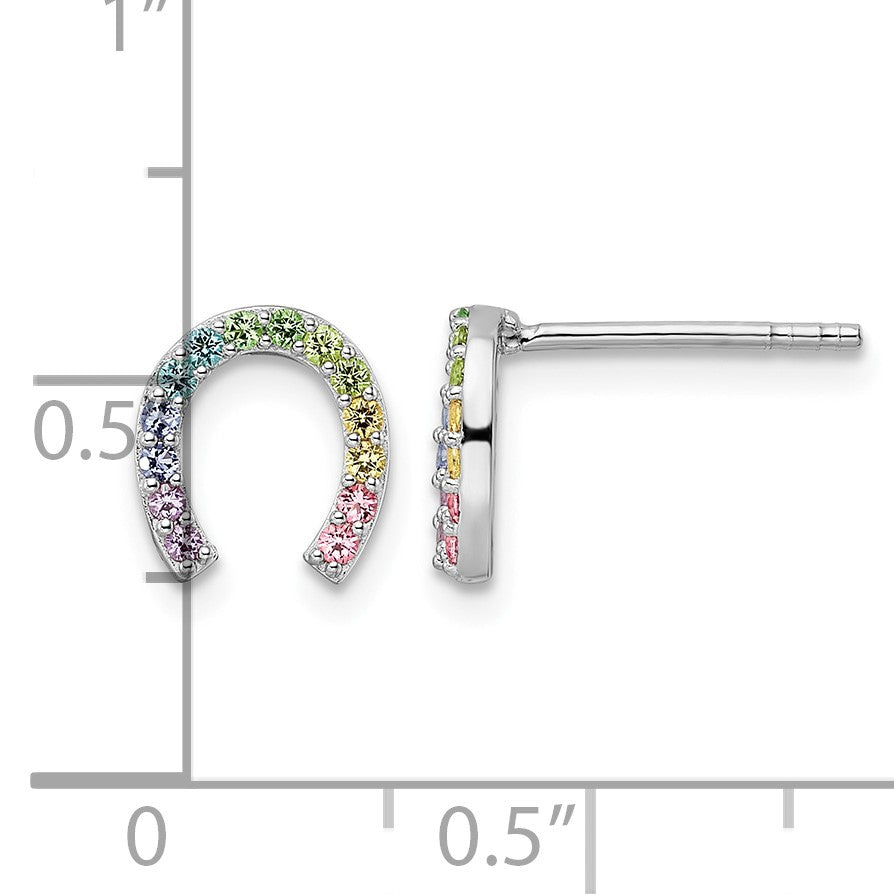 Sterling Silver RH-plated Rainbow Crystal Horseshoe Post Earrings