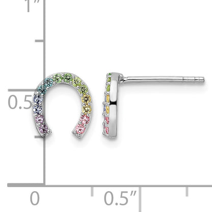 Sterling Silver RH-plated Rainbow Crystal Horseshoe Post Earrings