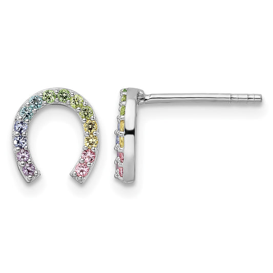 Sterling Silver RH-plated Rainbow Crystal Horseshoe Post Earrings