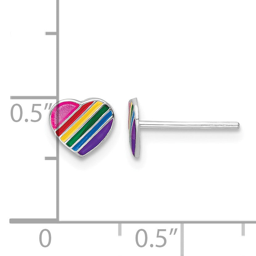 Sterling Silver Rhodium-plated Polished Rainbow Enameled Heart Children's Post Earrings