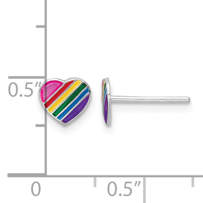 Sterling Silver Rhodium-plated Polished Rainbow Enameled Heart Children's Post Earrings