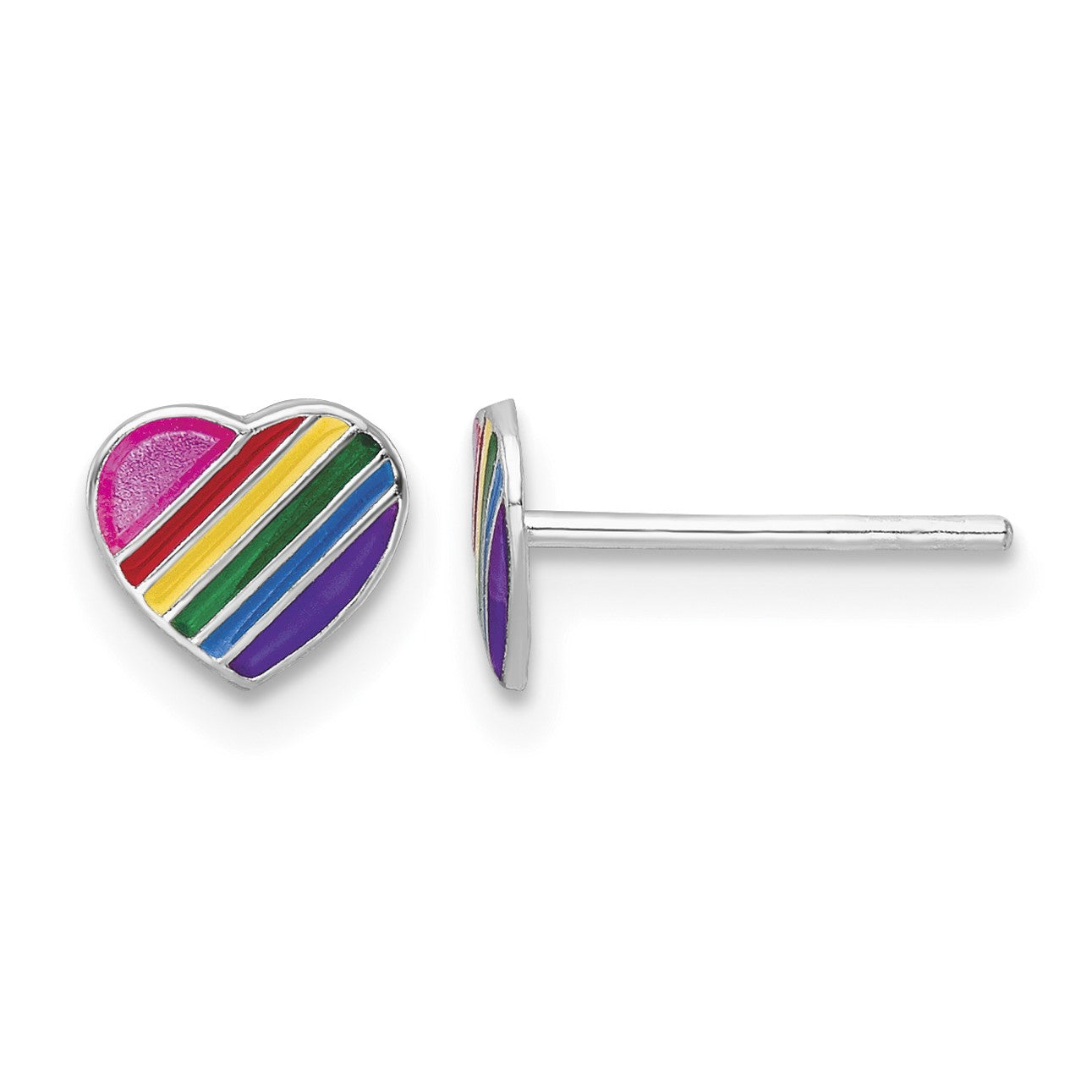 Sterling Silver Rhodium-plated Polished Rainbow Enameled Heart Children's Post Earrings