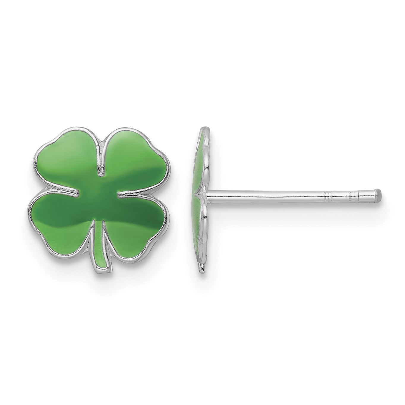 Sterling Silver Rhodium-plated Polished & Green Enameled Four Leaf Clover Children's Post Earrings