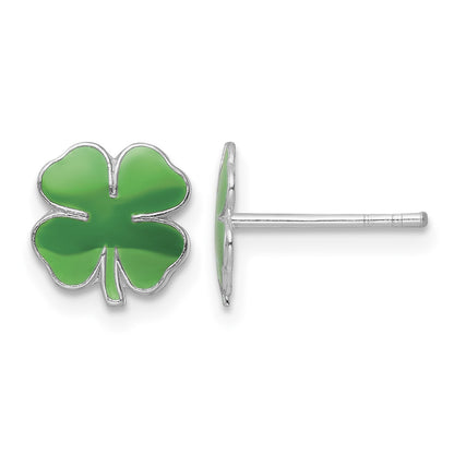 Sterling Silver Rhodium-plated Polished & Green Enameled Four Leaf Clover Children's Post Earrings