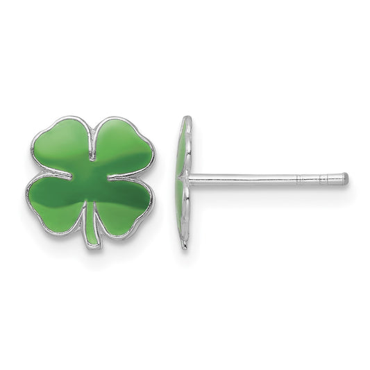 Sterling Silver Rhodium-plated Polished & Green Enameled Four Leaf Clover Children's Post Earrings