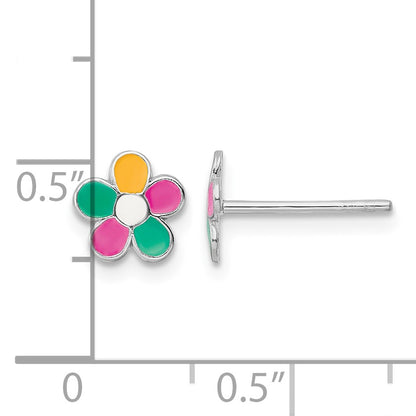 Sterling Silver Rhodium-plated Multi-color Enameled Flower Children's Post Earrings