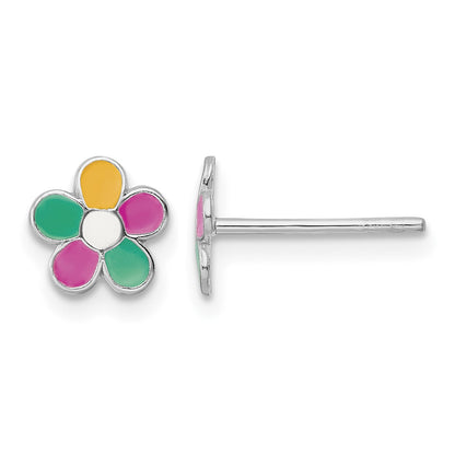 Sterling Silver Rhodium-plated Multi-color Enameled Flower Children's Post Earrings
