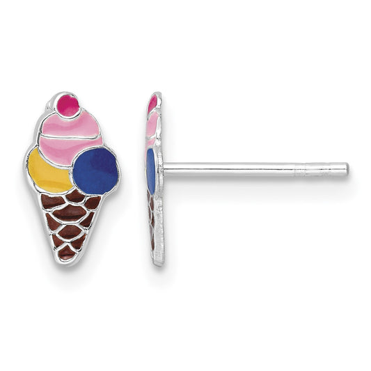 Sterling Silver Rhodium-plated Polished & Multi-color Enameled Ice Cream Cone Children's Post Earrings