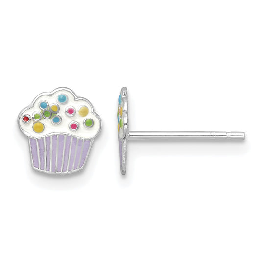 Sterling Silver Rhodium-plated Polished Multi-color Enameled Cupcake Children's Post Earrings