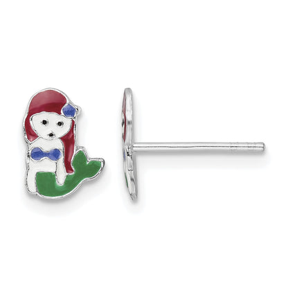 Sterling Silver Rhodium-plated Polished and Multi-color Enameled Mermaid Children's Post Earrings