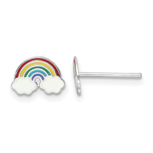 Sterling Silver Rhodium-plated Polished & Multi-color Enameled Rainbow Children's Post Earrings
