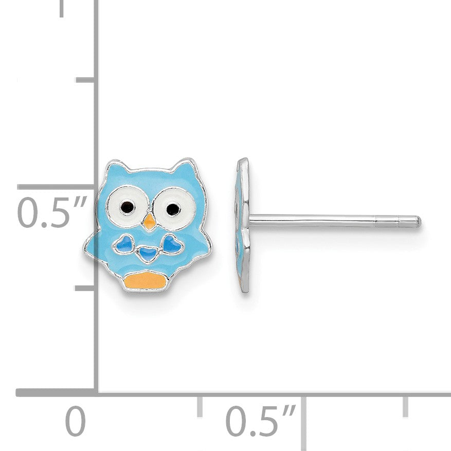 Sterling Silver Rhodium-plated Polished Multi-color Enameled Blue Owl Children's Post Earrings